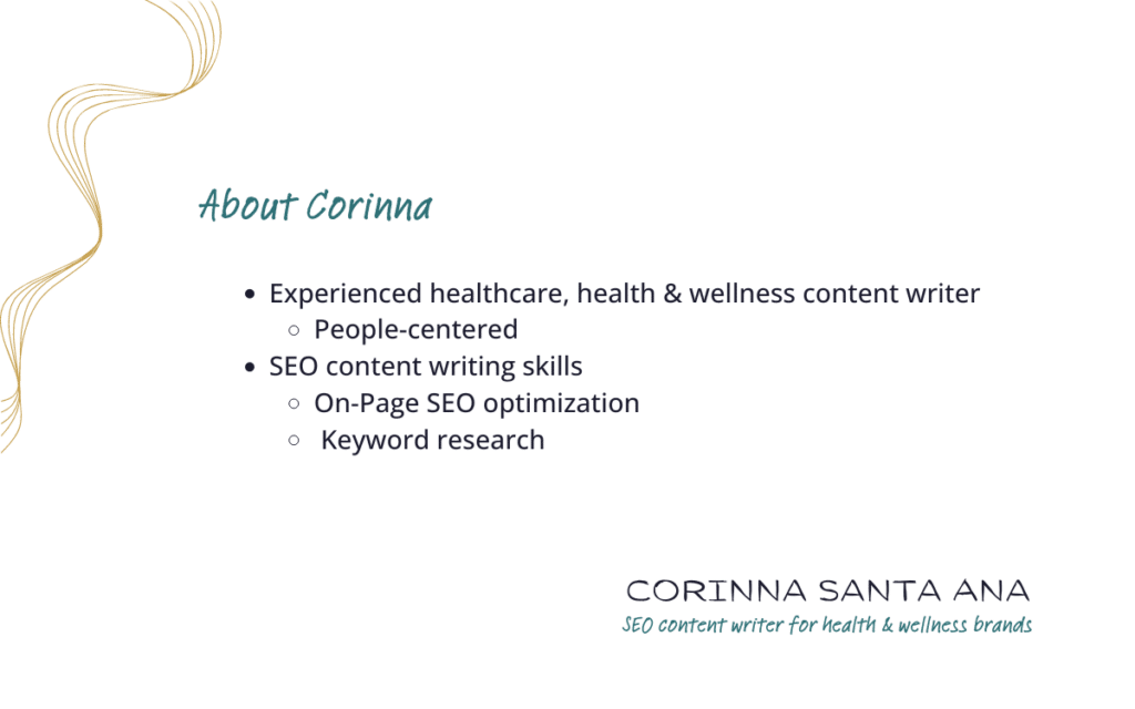 About Corinna Santa Ana - SEO content writer for health and wellness brands