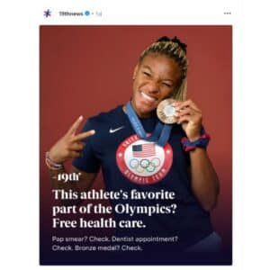 A photo of Ariana Ramsey, a US Olympic rugby team member, posing with her Olympic medal, smiling and flashing a peace sign. 